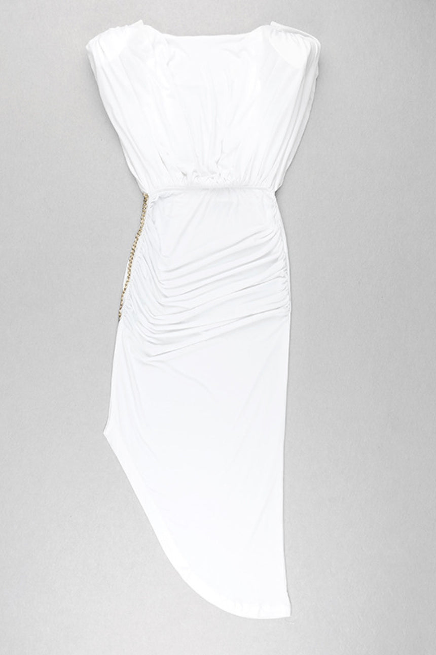 Cap-Sleeve V-Back Chain Detail Asymmetrical Dress